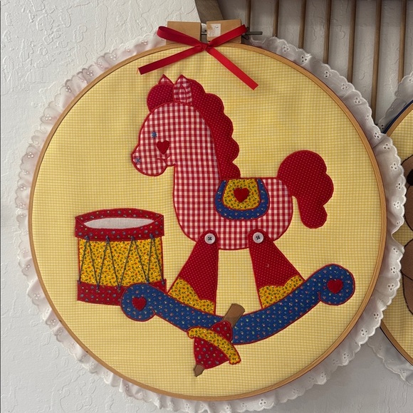 Vintage Style Patchwork Embroidered Hoops Primary Colors Horse Bear Decor - Picture 2 of 10